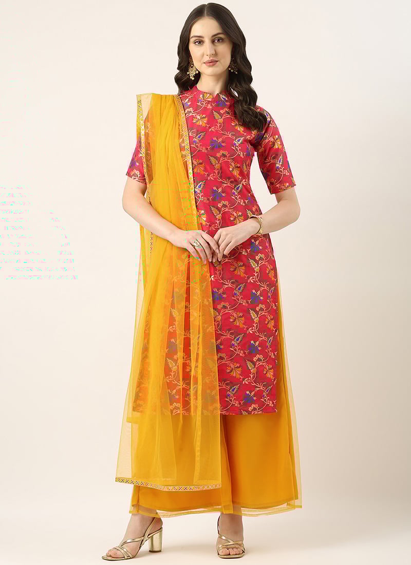 Teen Girls Magenta Jacquard N Yellow Palazzo Suit