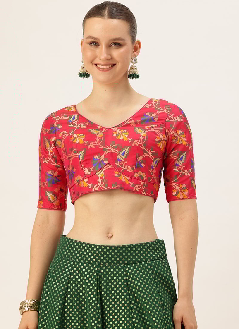 Magenta Jacquard V Neck Blouse