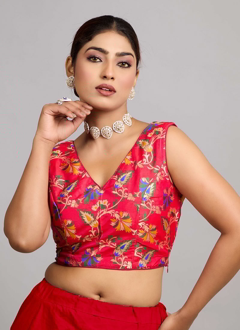 Magenta Jacquard V Neck Blouse