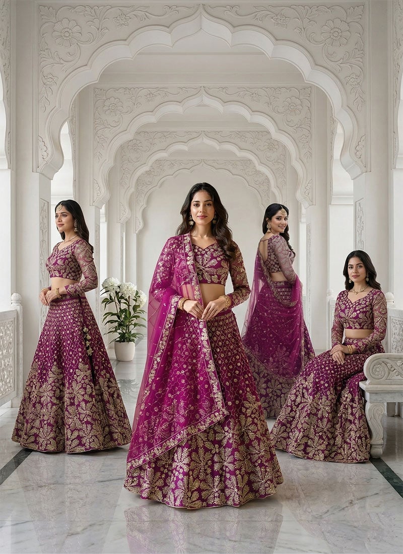Magenta Net Lehenga With Zari Embroidery And Sequins Work Wedding Wear