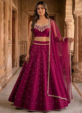 Magenta Silk Moti Hand Embroidered Lehenga