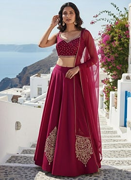 Magenta Silk Zari Hand Embroidered Stones Sequins Lehenga