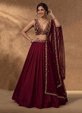 Magenta Silk Zari Sequins Embroidered Lehenga