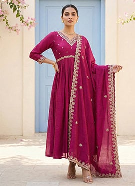 Magenta Vichitra Embroidered Beautiful Straight Pant Suit