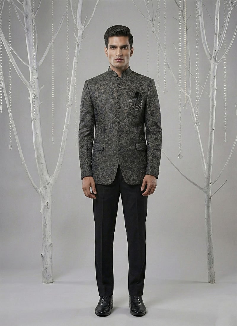 Majestic Black Velvet Embroidered Thread Bandhgala Suit Wedding Wear