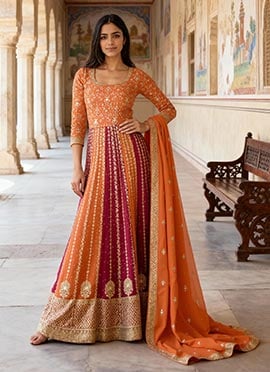 Majestic Orange Zari And Gota Embroidered Sequins Anarkali