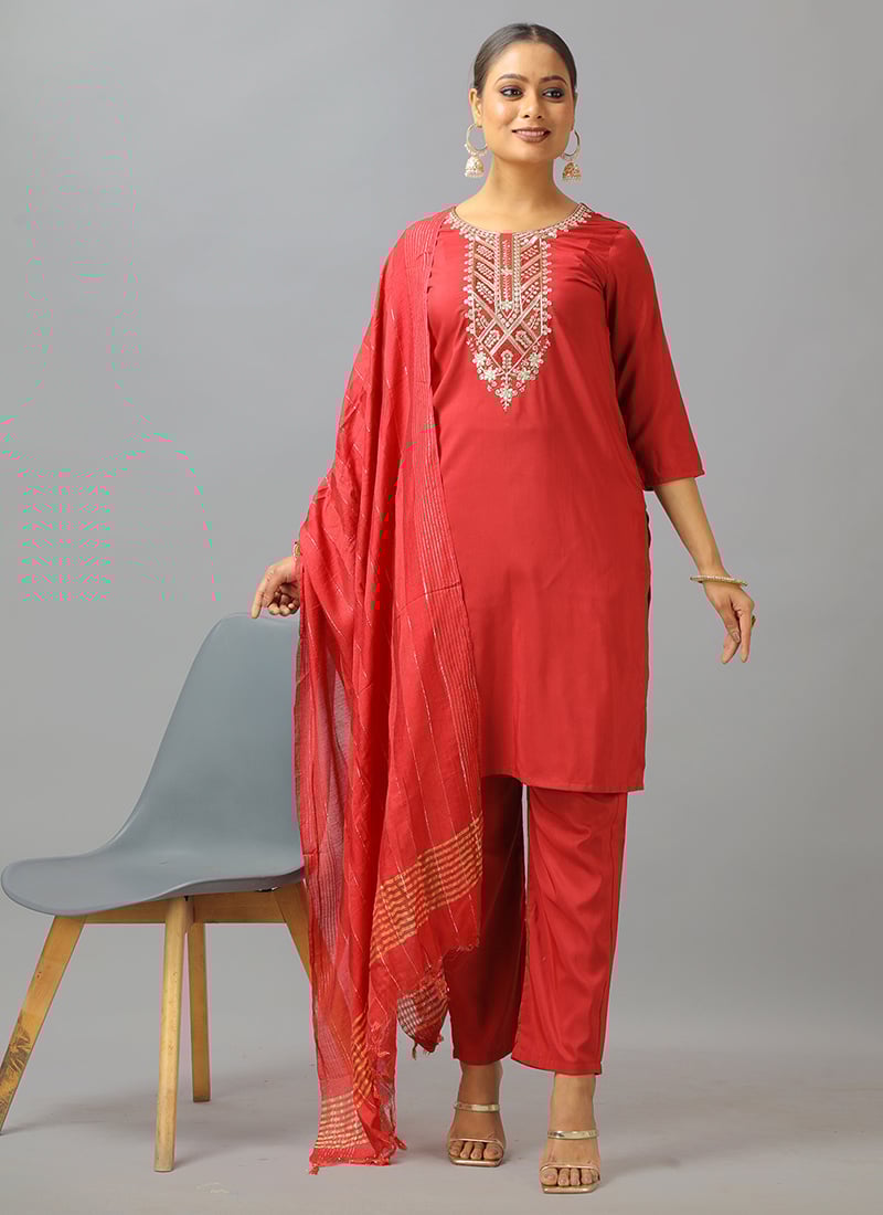 Maroon Art Silk Embroidered Straight Pant Suit Festive Wear