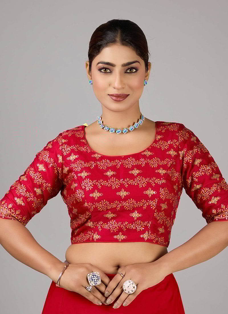 Maroon Art Silk Foil Print Round Neck Blouse Festive Wear