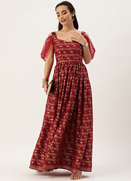 Maroon Art Silk Foil Printed Gown