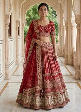 Maroon Art Silk Zari Sequins Embroidered Thread Umbrella Lehenga