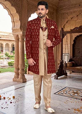 Maroon Banarasi Silk Zari Embroidered Indowestern Sherwani