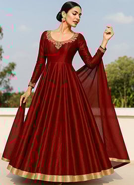 Maroon Banglori Silk Zardosi Hand Embroidered Anarkali Suit