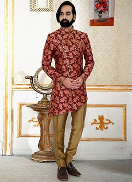 Maroon Benarasi Art Silk Indowestern Sherwani