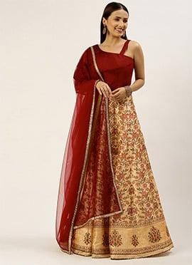 Maroon Blouse N Beige Digital Printed Kali Lehenga
