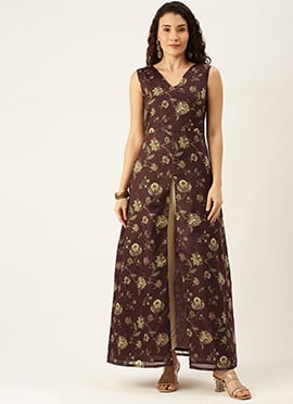 Teen Girls Maroon Chanderi Ankle Length Front Slit Kurti