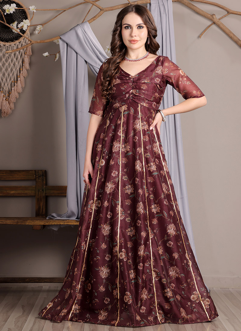 Maroon Chanderi Digital Printed Gown