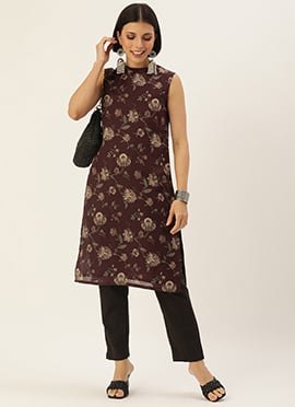 Teen Girls Maroon Chanderi Modal Satin Knee Length Kurti