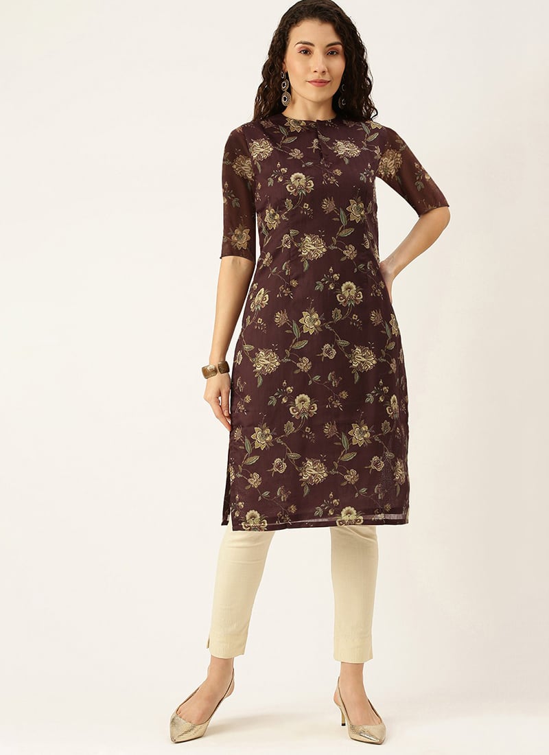 Maroon Chanderi Modal Satin Knee Length Kurti