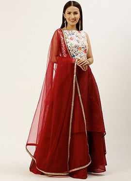 Maroon Chanderi N Multicolored Layered Lehenga