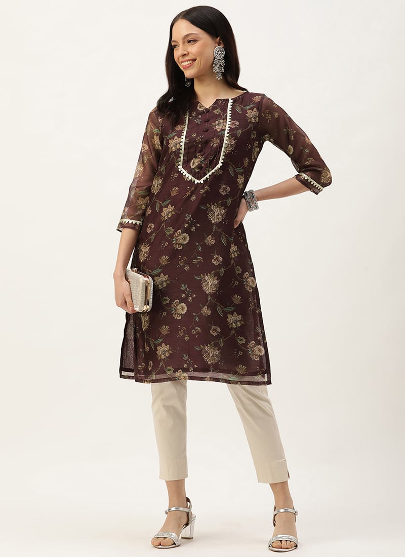 Maroon Chanderi Printed Kurti