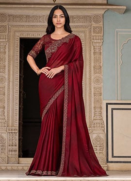 Maroon Chiffon Embroidered Sequins Cut Work Saree