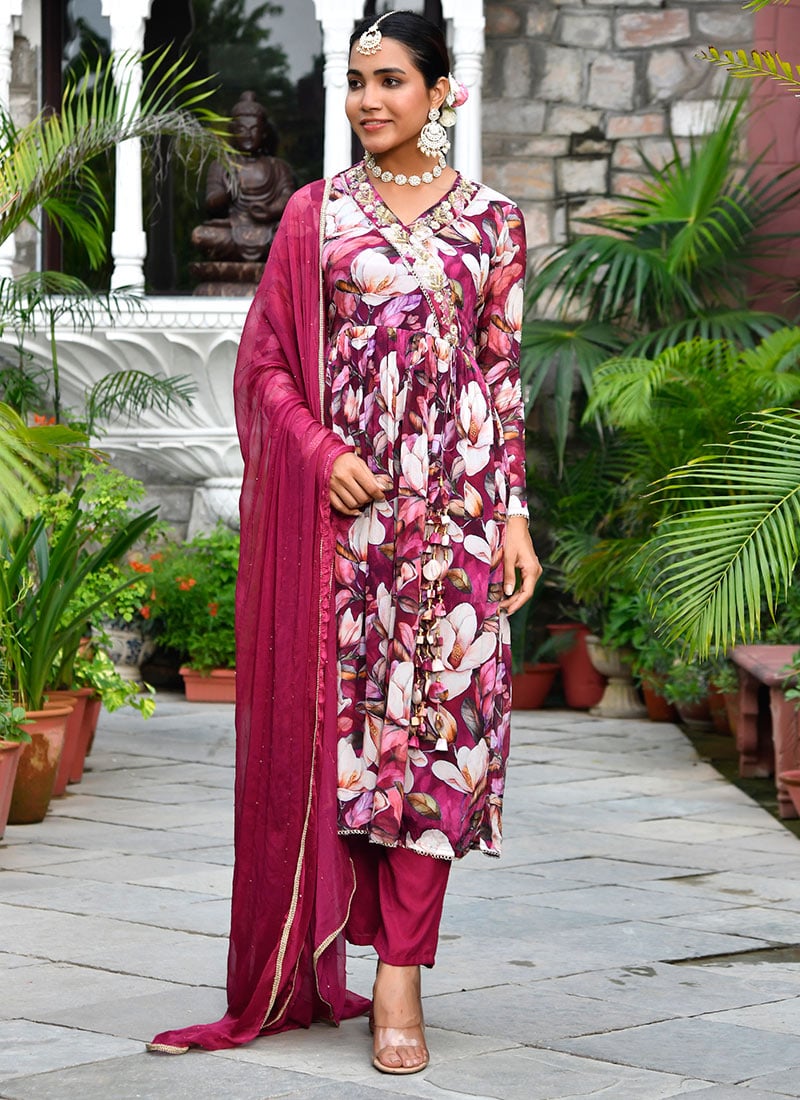 Maroon Chinon Floral Print Embroidered Straight Pant Suit After Six Wear