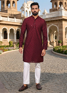 Maroon Cotton Embroidered Sequins Kurta Pyjama For Men