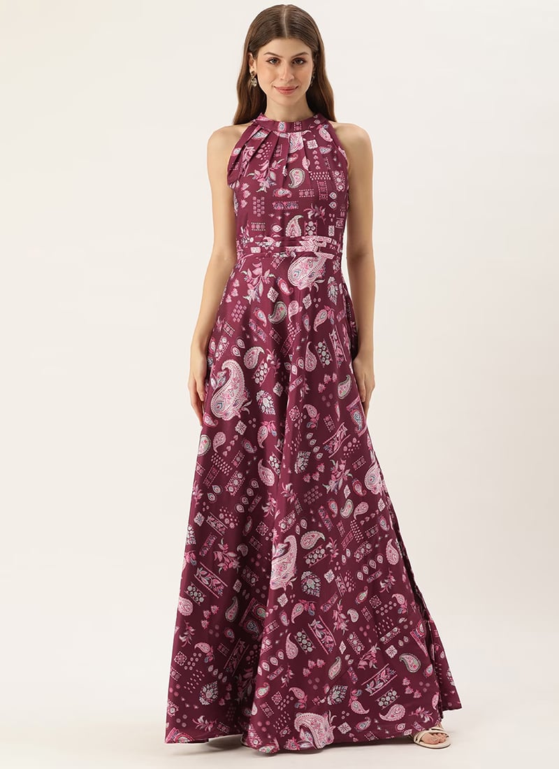 Maroon Digital Printed Kota Silk Gown Festive Wear