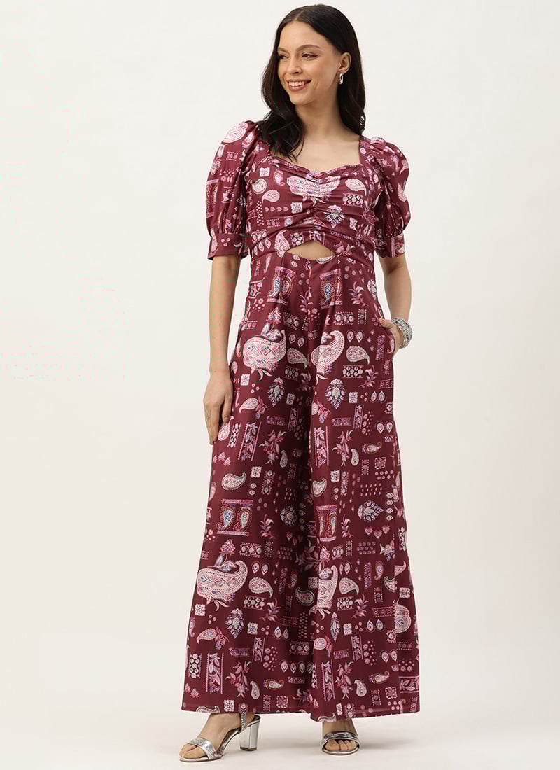 Maroon Digital Printed Kota Silk Jumpsuits Festive Wear