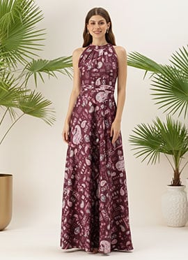 Teen Girls Maroon Digital Printed Kota Silk Gown