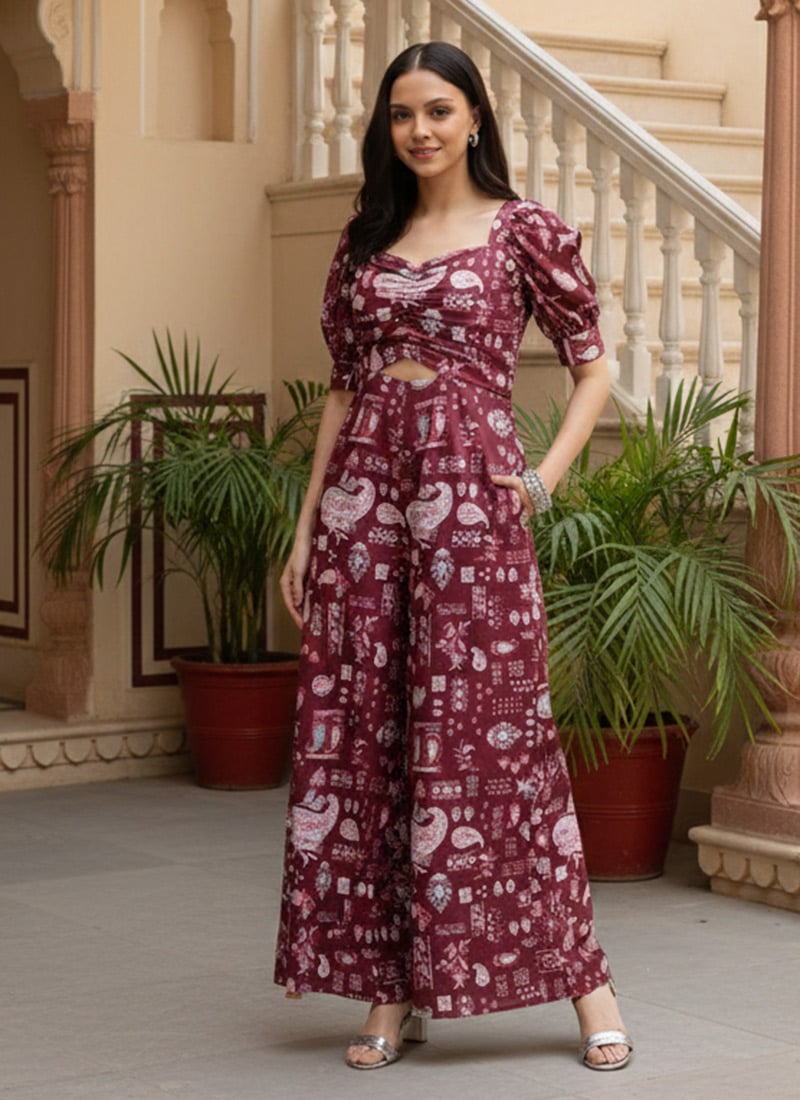 Maroon Digital Printed Kota Silk Jumpsuits