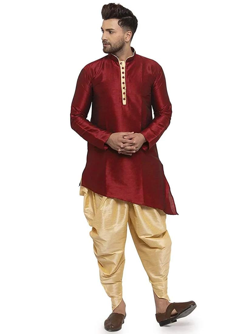 Maroon Dupion Silk Dhoti Kurta Set