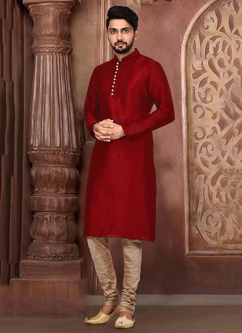 Maroon Dupion Silk Embroidered Kurta Pyjama  Party Wear