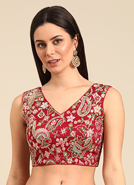 Maroon Embroidered Art Silk V Neck Blouse
