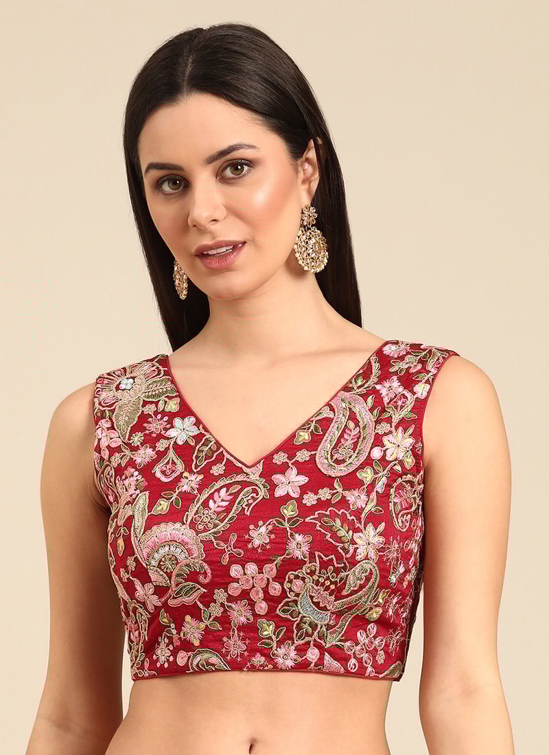 Maroon Embroidered Art Silk V Neck Blouse Wedding Wear