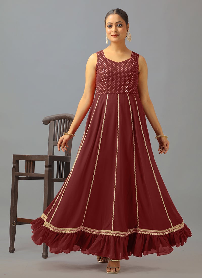 Maroon Embroidered Georgette Kali Gown