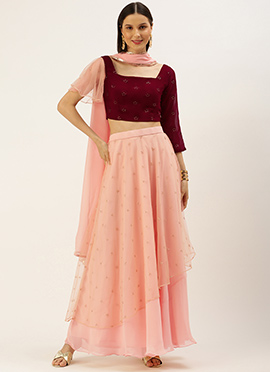 Maroon Embroidered N Peach Layered Lehenga