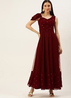 Teen Girls Maroon Embroidered One Shoulder Gown