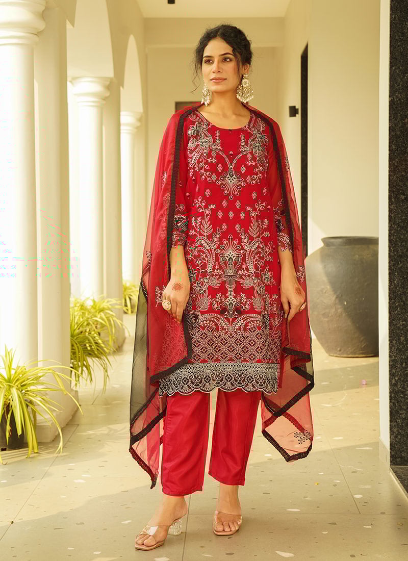 Maroon Faux Georgette Embroidered Sequins Straight Pant Suit Festive Wear