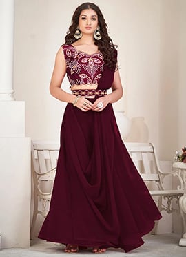 Maroon Faux Georgette Embroidered Umbrella Lehenga