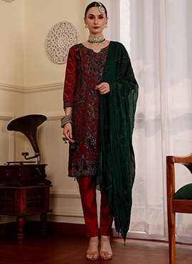 Maroon Faux Georgette Zari Embroidered Pakistani Suit