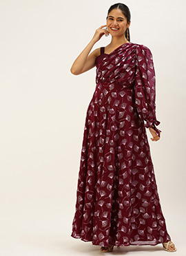 Maroon Foil Printed Maxi Dress