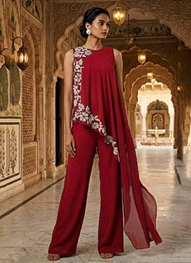 Maroon Georgette Beads Work Indowestern Palazzo Set