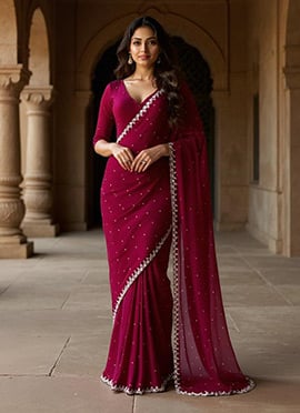 Reddish Maroon Georgette Cutdana Beads With Stone Hand Embroidered Saree