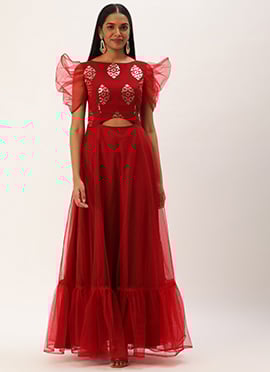 Maroon Georgette Embroidered Boat Neck Gown