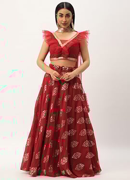 Maroon Georgette Embroidered Lehenga Set