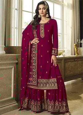 Maroon Georgette Embroidered Sharara Suit