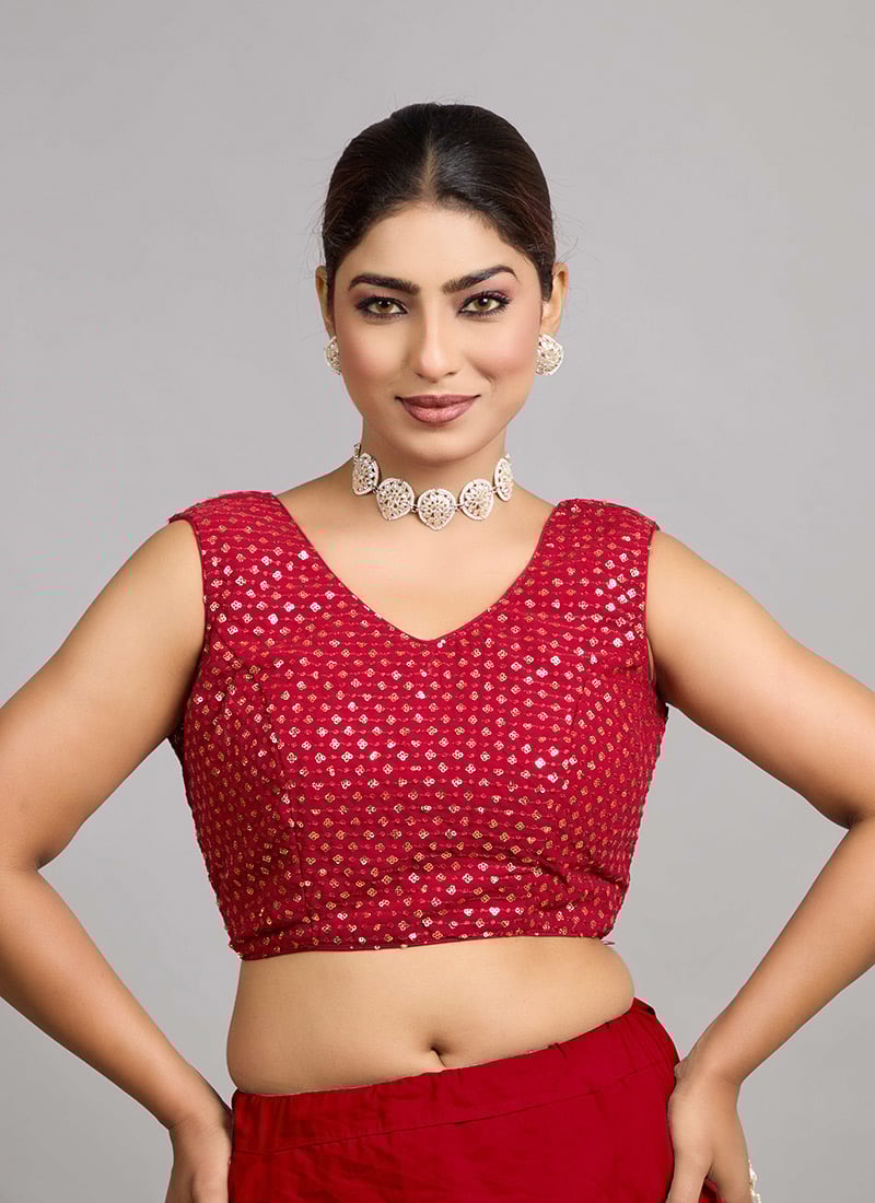 Maroon Georgette Embroidered V Neck Blouse Festive Wear