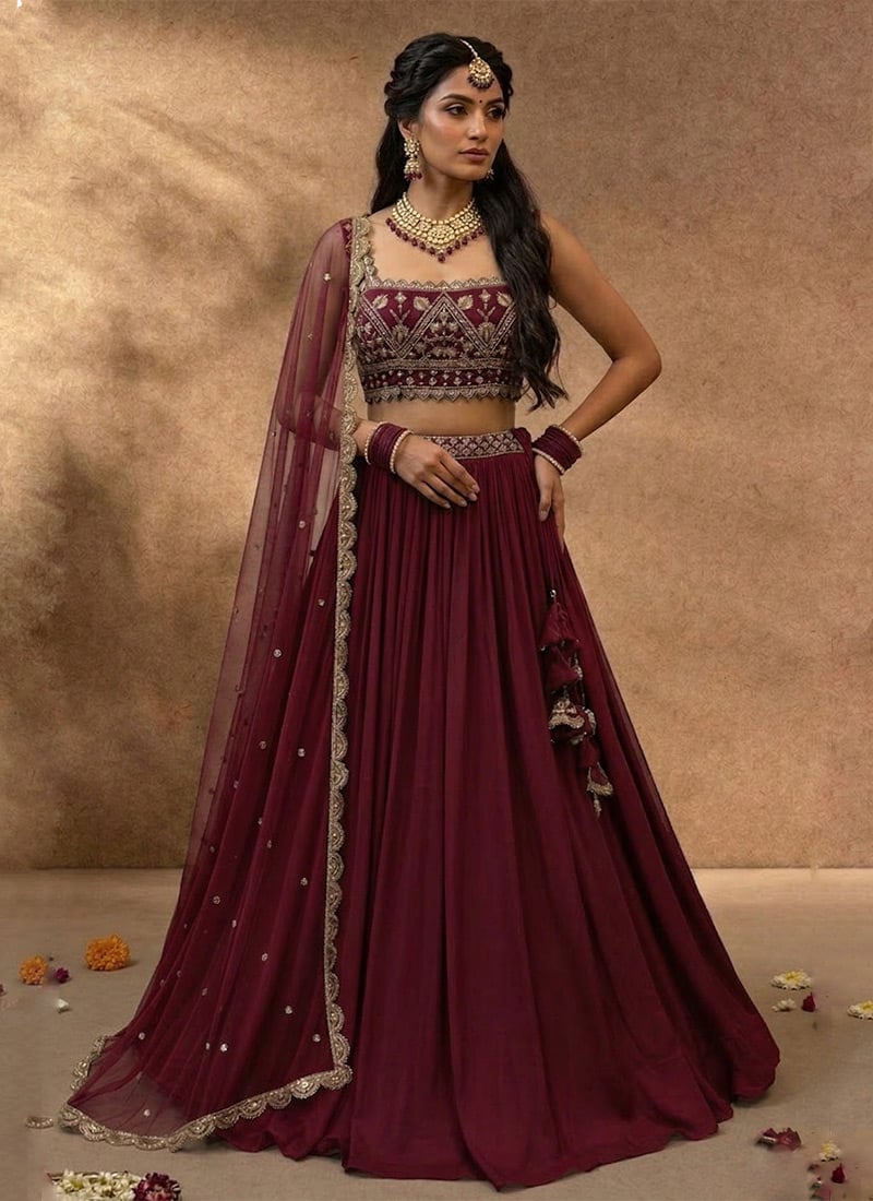 Maroon Georgette Hand Embroidered Sequins Lehenga Wedding Wear