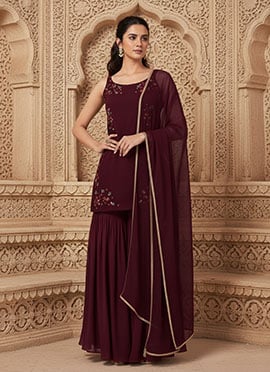 Maroon Georgette Resham Stones Hand Embroidered Sharara Suit
